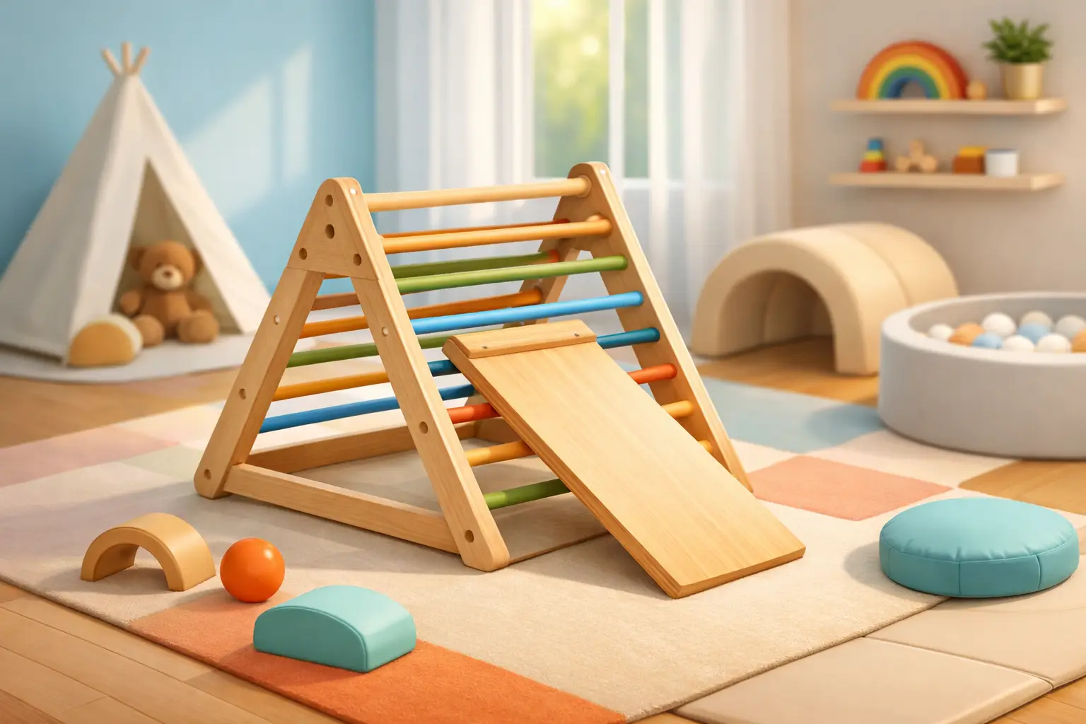 Triângulo Pikler infantil para espaços seguros